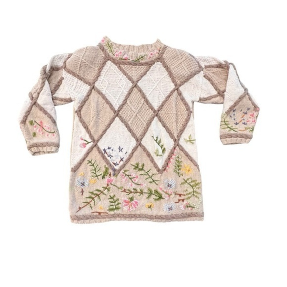 Jennifer Reed Hand Knit Sweater Argyle Cottagecore Floral Shabby Chic‎ Small-Med